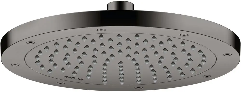 Kopfbrause in Schwarzchrom mit runder Form und mehreren Düsen. Die Marke AXOR ist im Design integriert. Geeignet für moderne Badezimmer.